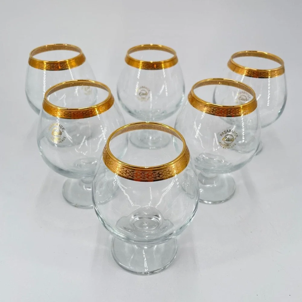 Pasabahce Pincle Turkey Gold Rim Brandy Snifter Glasses Set of 6 Art of Glass